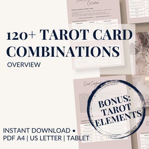 May include: A collection of digital documents with the text "120+ Tarot Card Combinations Overview". The documents are in a soft pink and white color scheme, with a circular graphic that says "Bonus: Tarot Elements".