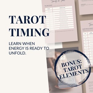 May include: Image features the words "TAROT TIMING" in a dark blue font, with the tagline "LEARN WHEN ENERGY IS READY TO UNFOLD." Several pages with tables and text are visible, along with a circular graphic that says "BONUS: TAROT ELEMENTS."