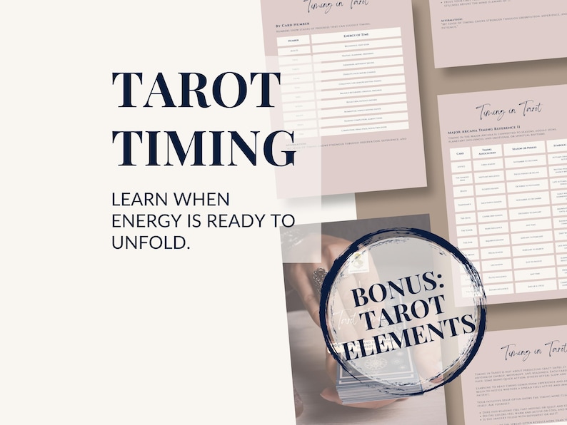 Tarot Timing Printable – Learn when energy unfolds in your readings. Includes bonus Tarot Elements worksheet for deeper understanding. Calm, intuitive design for A4, US Letter, and tablet use.