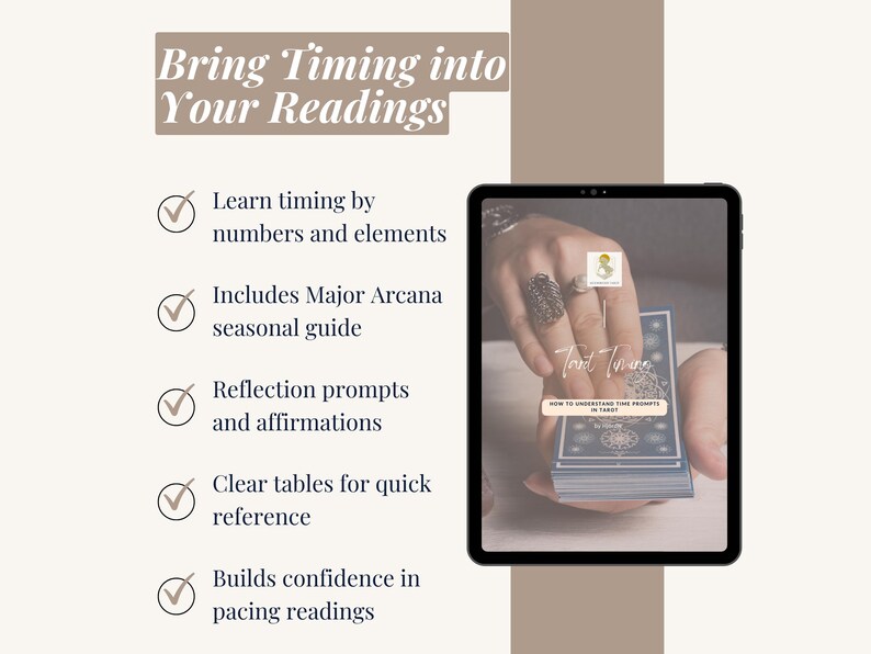 Bring timing into your Tarot readings. Learn pacing by numbers and elements, with clear tables, reflection prompts, and affirmations for confidence.