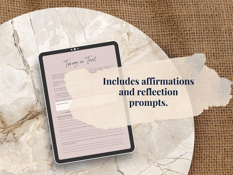 Tarot Timing Guide includes affirmations and reflection prompts. Connect with your intuition and track insights through reflection spaces.