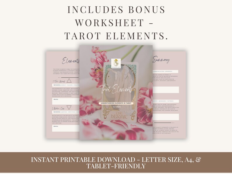 Bonus Tarot Elements Worksheet included. Understand the four elements in Tarot with keywords, meanings, and space for your notes. Printable and tablet-friendly.
