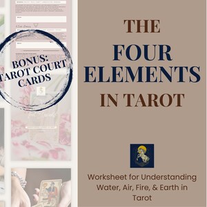 Może przedstawiać: Beżowa grafika z tekstem "THE FOUR ELEMENTS IN TAROT" i "Worksheet for Understanding Water, Air, Fire, & Earth in Tarot". Okrągła grafika brzmi "BONUS: TAROT COURT CARDS". Obecne są również obrazy kart tarota i arkuszy roboczych.