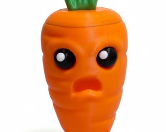 Crazed Carrot Stash Jar | 3D Printed Vegetable Container with Removable Top | Angry Cute Desk Accessory | Hidden Storage & Candy Dish