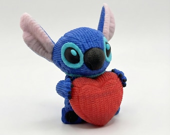 3D Printed Stitch with Heart Figure - Knit Texture - 3" Tall - Lilo & Stitch Inspired Gift - Valentine's Day, Desk Decor, Love