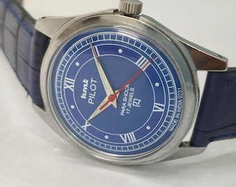 Reloj de pulsera mecánico de cuerda manual para hombre HMT Pilot azul vintage de 17 joyas.