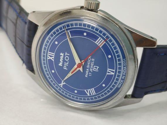 Vintage HMT Pilot Blue 17 Jewels Mechanical Hand Winding Men's Wrist Watch