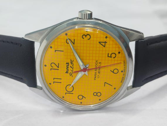 Vintage Refurbished HMT Pilot Yellow 17 Jewels Mechanical Hand Winding Men's Wrist Watch