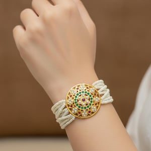 May include: A gold bracelet featuring a central circular design, embellished with pearls and red and green gemstones. The bracelet is attached to multiple strands of white beads, creating a layered effect. The jewellery is displayed on a wrist.