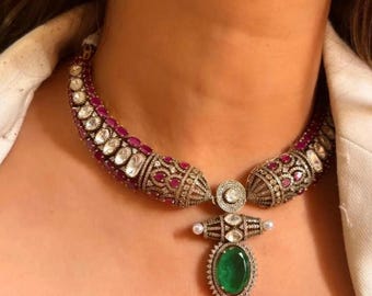 Victorian Moissanite Polki Necklace Set – Emerald Kundan Bridal Jewelry