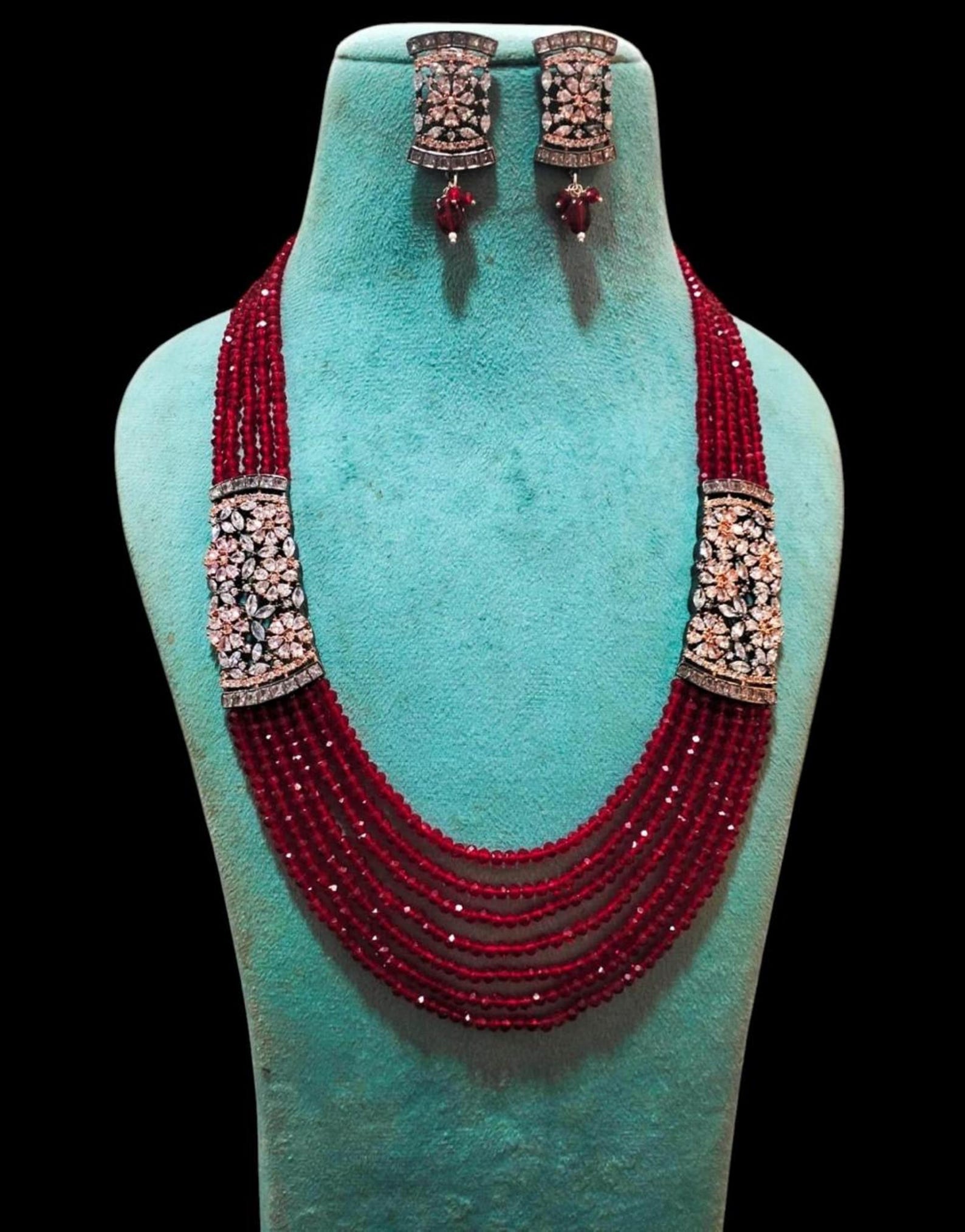 Red Onyx Multi Strand Necklace Set With CZ Bars, Statement Beaded — free download