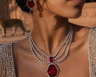 Red CZ Necklace Set, 3 Strand Statement Necklace with Matching Earrings, Rhodium Plated Bridal Jewelry, Adjustable Wedding Set