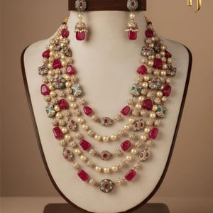 Rani Haar Layered Necklace, Ruby Red Natural Stone Pearl Kundan Earring Set