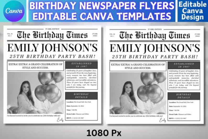 Editable Birthday Newspaper Flyer | Canva Template (digital Download ...