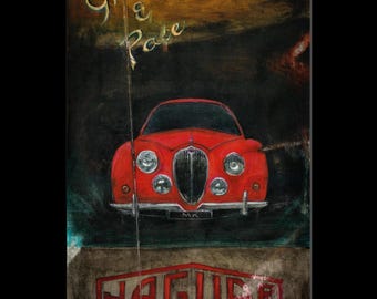 May include: An artistic rendering of a red Jaguar car with the words "Grace & Pace" above it. The Jaguar logo is displayed at the bottom. The artwork has a vintage, painted aesthetic.