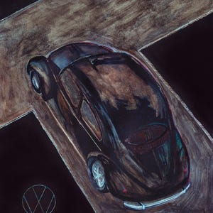 May include: A dark-toned artwork showing a black vintage car, possibly a Volkswagen Beetle, on a brown road intersection. The image has a moody aesthetic, with a circular logo in the lower left corner.