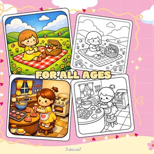 Pode incluir: Quatro cart&otilde;es quadrados ilustrados com personagens de desenhos animados. Um mostra uma cena de piquenique, outro uma p&aacute;gina para colorir da mesma cena. Os outros dois mostram cenas de cozimento. O texto diz "FOR ALL AGES".