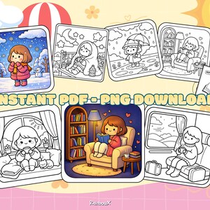 Pode incluir: Uma cole&ccedil;&atilde;o de p&aacute;ginas para colorir digitais com ilustra&ccedil;&otilde;es de desenhos animados de uma pessoa em v&aacute;rios ambientes aconchegantes, incluindo inverno, chuva e leitura. O texto "INSTANT PDF-PNG DOWNLOAD" &eacute; exibido na imagem.