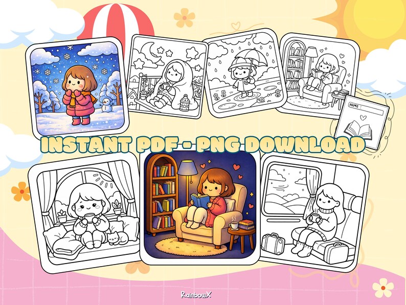 Pode incluir: Uma cole&ccedil;&atilde;o de p&aacute;ginas para colorir digitais com ilustra&ccedil;&otilde;es de desenhos animados de uma pessoa em v&aacute;rios ambientes aconchegantes, incluindo inverno, chuva e leitura. O texto "INSTANT PDF-PNG DOWNLOAD" &eacute; exibido na imagem.