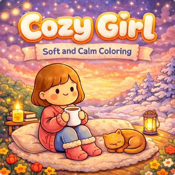 Cozy Girl Coloring Pages, Kawaii Scenes, Stress Relief (PDF PNG)