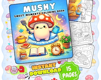 Livro de colorir de cogumelos fofinhos – Cenas aconchegantes e kawaii, 15 páginas (download digital)