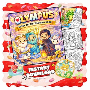 Può includere: Un libro da colorare colorato intitolato "Olympus Greek Myth Coloring Book" con illustrazioni di dei greci e creature mitologiche. La copertina mostra Zeus, Poseidone e Ade con un Pegaso e dei cani. Include il testo "Download istantaneo" e 30 pagine.