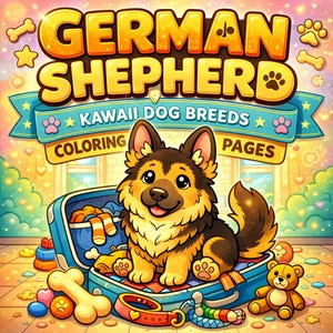 May include: A colorful illustration of a German Shepherd puppy sitting in a blue suitcase. The image includes the text "GERMAN SHEPHERD" and "KAWAII DOG BREEDS COLORING PAGES". Accessories like a bone, a teddy bear, and a collar are also present.