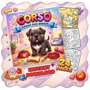 Op de afbeelding: Een digitale download met de titel "Corso Kawaii Dog Breeds" met een cartoon Corso-hond. De afbeelding bevat een hondenvoerbak, een bot, een riem en 24 kleurplaten. De woorden "Direct downloaden" zijn ook zichtbaar.