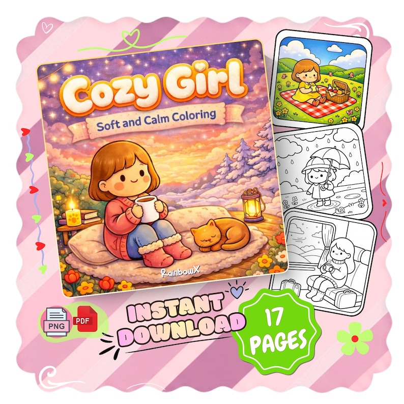 Pode incluir: Um livro de colorir para download digital intitulado "Cozy Girl" com o subt&iacute;tulo "Soft and Calm Coloring". A capa apresenta uma menina de desenho animado com uma caneca, um gato e uma cena aconchegante. Inclui 17 p&aacute;ginas e download instant&acirc;neo.