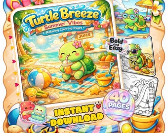 Livro de colorir Brisa de Tartaruga para o Verão | Vibrações Kawaii de Praia, Páginas Relaxantes (PDF PNG)