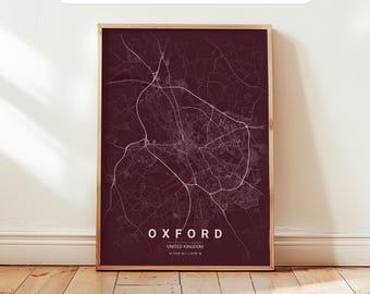 Plakat z mapą Oksfordu: wydruk podróżniczy Anglii, dekoracja ścienna do biura, sztuka ścienna w Wielkiej Brytanii