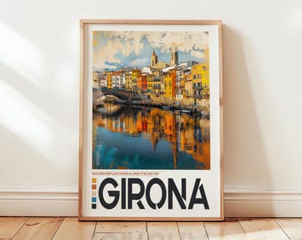 Girona, España. Impresión: Póster de viaje de las casas del río Onyar, arte mural europeo.