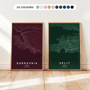 Juego de 2 pósteres con mapas de Croacia: Lámina de viaje de Split, Decoración para el hogar de Dubrovnik, Arte de Borgoña