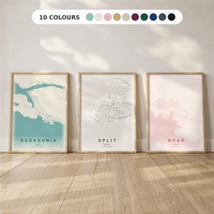 Set med 3 karttryck över Kroatien: Delad reseväggkonst, heminredning i Dubrovnik, personlig kartposter