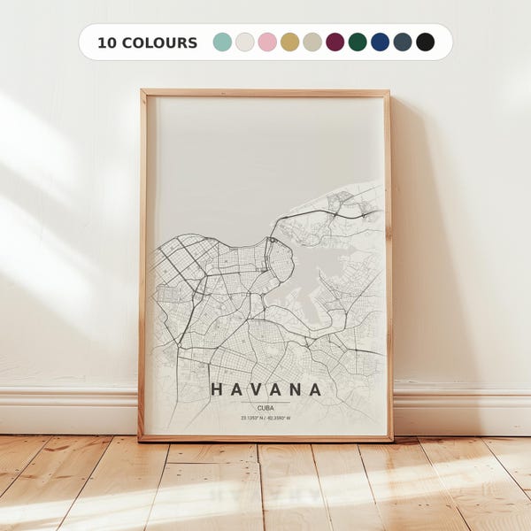 Havana City Map Print: Cuba Travel Poster, Modern Home Decor, Caribbean Wall Art