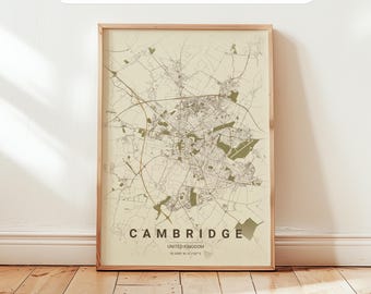 Cambridge-kaartposter: kunstprint Engeland stad, vintage retro muurdecoratie