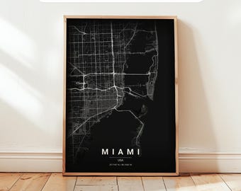 Plakat z mapą Miami: wydruk podróżniczy z USA, nowoczesna dekoracja wnętrz, sztuka ścienna z amerykańskiego miasta
