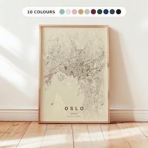 May include: A framed map print of Oslo, Norway, in neutral tones. The map details the city's layout, with the city name and coordinates displayed at the bottom. The frame is a light wood color, and the text "10 COLOURS" is at the top.
