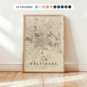 May include: A framed map print of Baltimore, USA, featuring a detailed street grid in olive green and tan tones. The text reads BALTIMORE USA with coordinates below. A header above the print displays 10 COLOURS with small circular swatches.
