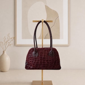 Burgundy Italian Leather & Croc-Embossed Suede Shoulder Bag – Large Dome Handbag