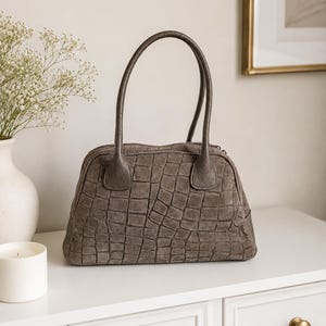 Taupe Italian Leather & Croc-Embossed Suede Shoulder Bag – Large Dome Handbag