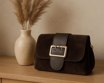 Brown Suede Crossbody Bag, Italian Style Leather Shoulder Purse
