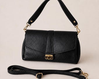Black Italian Leather Crossbody Bag, Structured Shoulder Purse, Gold Hardware