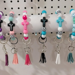 Silicone Beaded Wristlet Keychain | Cross, Tassel Key Fob
