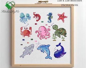 Small Aquatic Animals Cross Stitch Pattern: Mini Marine Life Bundle (Instant PDF Download)