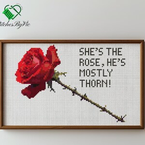 May include: Cross-stitch art in a wooden frame featuring a large red rose and the text "SHE'S THE ROSE, HE'S MOSTLY THORN!". The artwork is set against a white background, with the rose's stem extending diagonally.