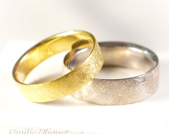 Set of 14k or 18k Solid Fairmined Brushed Gold Wedding Band Rings - Handmade Fair & Ethical Minimal Design  Custom Made Ecowedding Jewellery