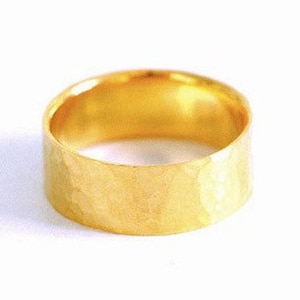 Solid Gold Wedding Ring Hammered Intemporal Design Large Band Matt Brushed in Certified Fairmined Gold 14k or 18k Ecofriendly Cigar Band