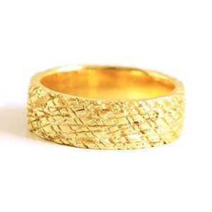 Wedding ring in fair gold 18k certified Fairmined gold textured raw unique ecofriendly design that you can find in my workshop in Barcelona