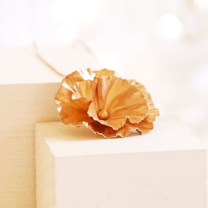 Rose Gold Plated Silver Flower Pendant With Gold Plated Chain Unique Natural Stamped Forged & Shaped Made Necklace Pink Gold Satined Finish